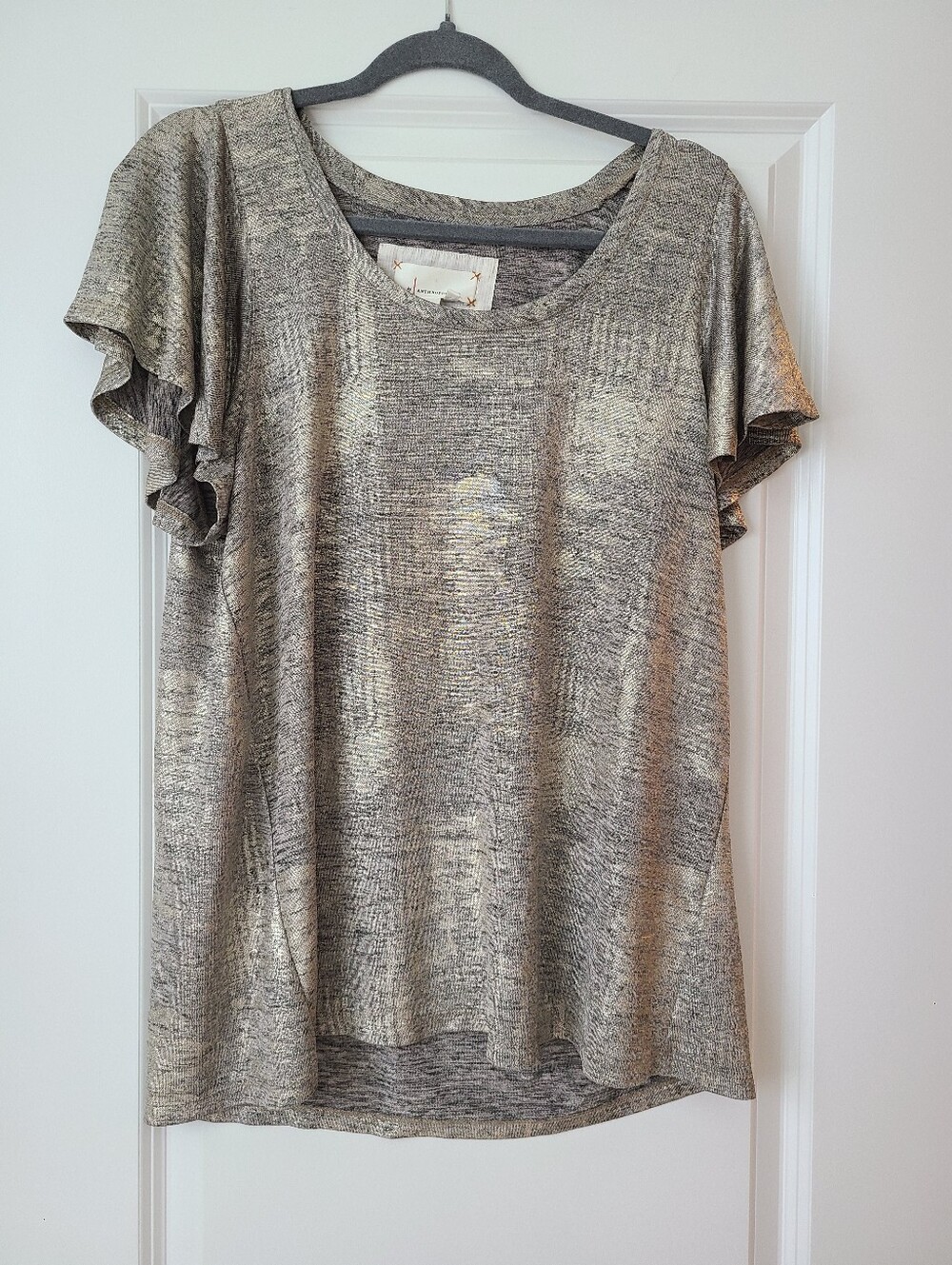 Anthropologie Metallic Shimmer Flutter Short Sleeve Top In Gold And Black